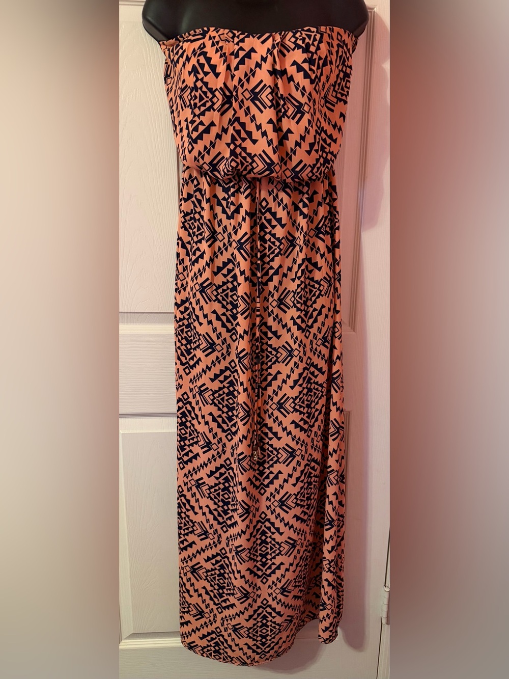 City Studio Peach Dress with Navy Geometric Print
